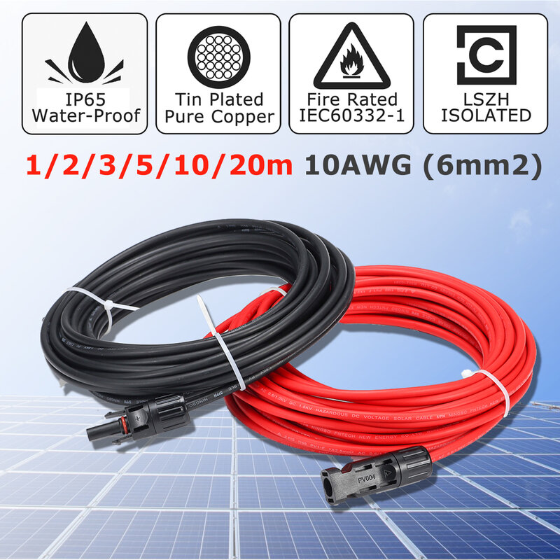 KINCO 1 Pair Solar Panel Extension Cable Copper Wire Black and Red with for  Connector Solar PV Cable 6mm 10AWG