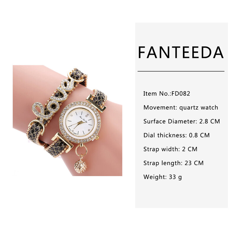 Fanteeda relógio de pulso de quartzo feminino, relógio de pulso de luxo com pulseira de couro e strass estiloso