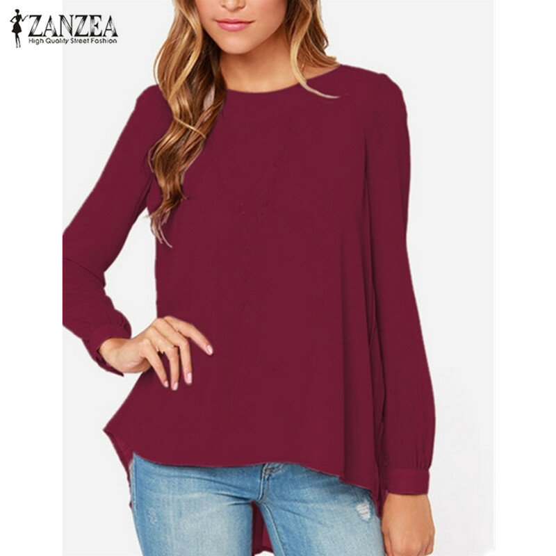 ZANZEA Women Blouses 2021 Sexy Casual Loose Chiffon Tops Long Sleeve Oversized Solid Shirts Autumn Blusas 