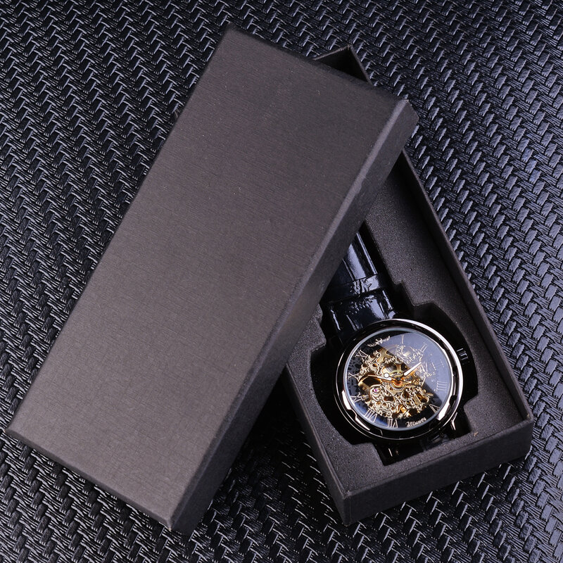 Negro Dourado Retrô relógios Esqueleto Relógios de Homens Marca de luxo Montre Homme Relógios de Pulso com cinto de couro para Homens Relógio Mecânico