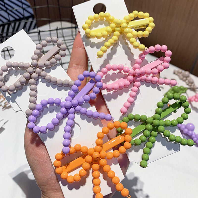 Moda geometryczna koreańska ozdoba do włosów klip dla kobiet plastikowe koraliki pleciony cukierki kolor dziewczyny spinki Handmade Barrette Stick