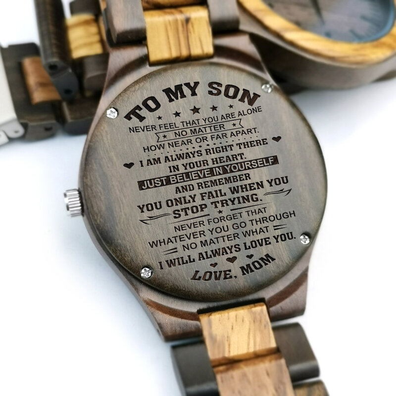 FROM MOM TO MY SON ENGRAVED WOODEN WATCH JUST BELIEVE IN YOURSELF
