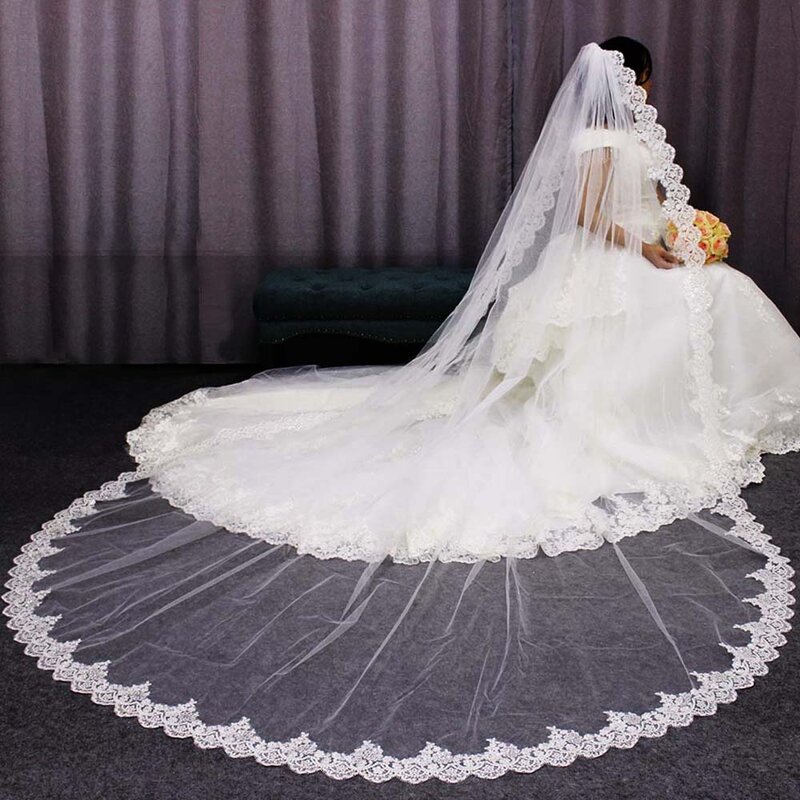 Alta qualidade puro glitter lantejoulas borda do laço 3 m longo véu de casamento uma camada catedral véu nupcial voile mariage