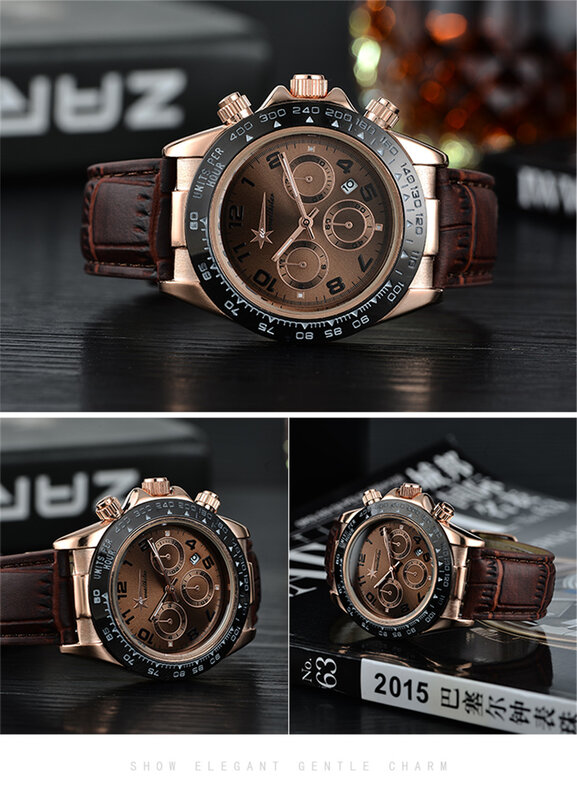 Wealthstar Fashion Leather Quartz  Watches Rose Gold Watch Mens Top Brand Luxury Montre Homme Clock Men Auto Date Wrist watch
