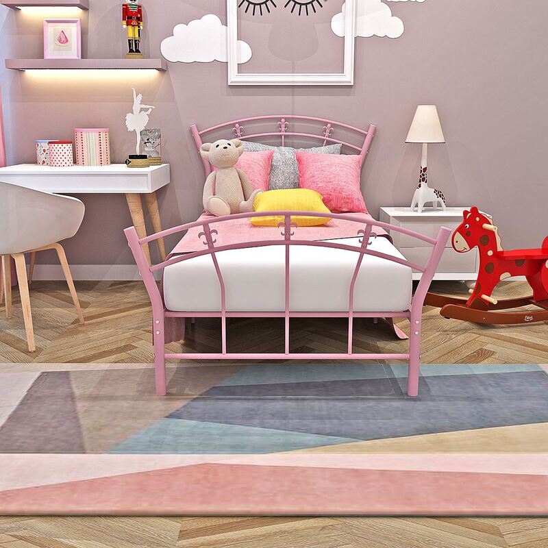 Children Metal Bed Frame Pink Kid 3FT Single Girly Bed Base Girl's Princess Bedroom Furniture Fan-shaped Headboard Fast delivery