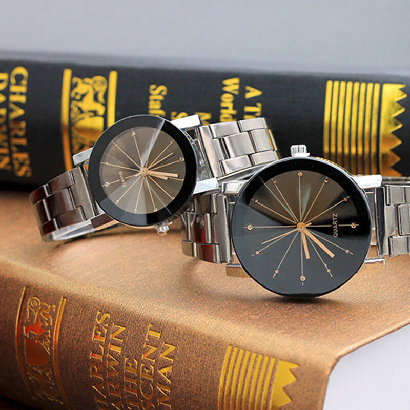 Relógio de quartzo elegante para amantes, relógio de pulso de aço preto minimalista criativo feminino e masculino, relógio de diamante unissex