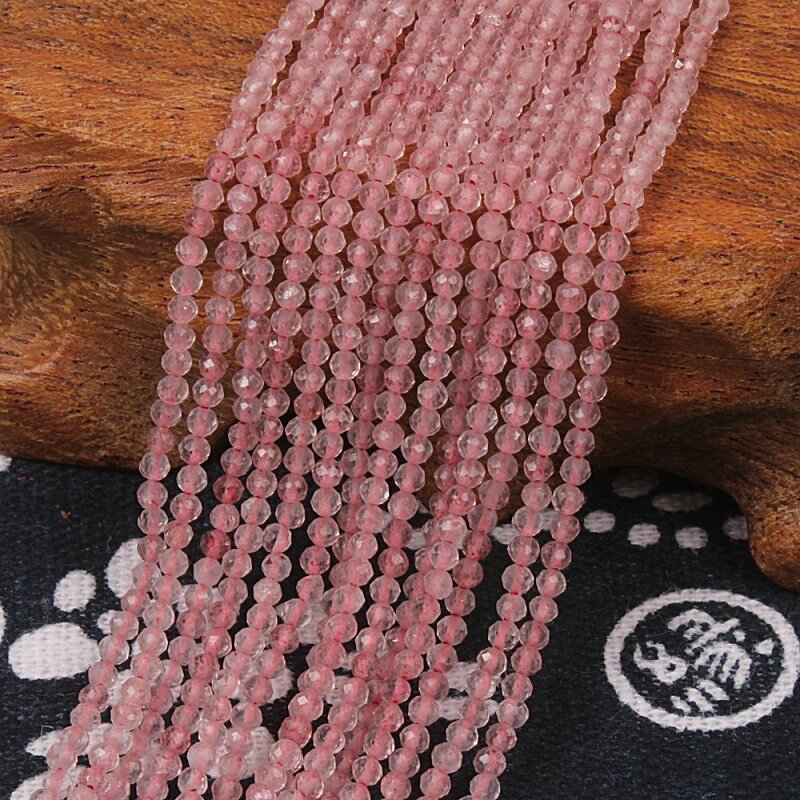 천연 딸기 석영 크리스탈 핑크 보석 패싯 라운드 비즈 DIY 액세서리 목걸이 팔찌 귀걸이 쥬얼리, 2mm 3mm