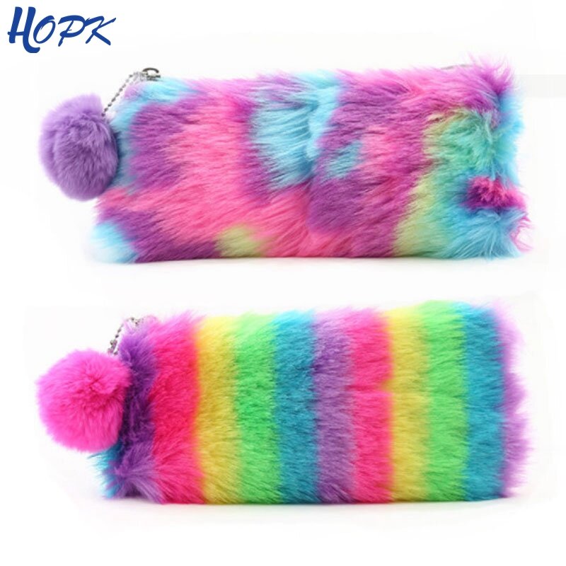 Cute Rainbow Pencil Case for Women Girls School Supplies Faux Rabbit Fur Ball Makeup Storage Pompom Cosmetic Bag Stationery