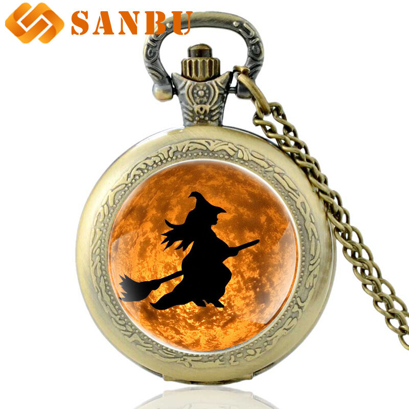 Классические кварцевые карманные часы Хэллоуин с ведьмой, винтажные бронзовые мужские и женские ожерелья, ювелирные подарки