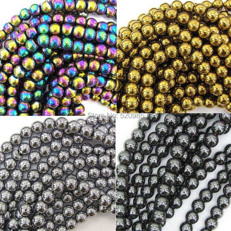 Free Shipping Natural Stone Black/Gold/Rainbow/Silver Plated Hematite round Beads 4 6 8 10 MM 16" Per Strand No.HB30