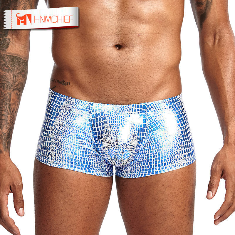 HNMCHIEF Men Sexy Underwear Snake Skin Imitation Leather Boxers Mens Boxer Shorts U Convex Low Waist Male Panties Underpants