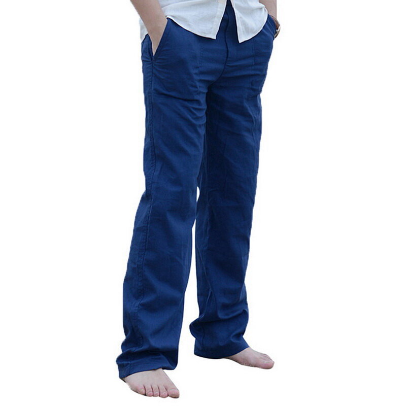 Oeak calças de linho dos homens 2019 novo verão casual cintura elástica solto masculino cor sólida reta calças beachwear corredores moletom