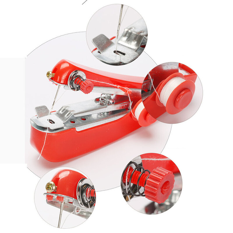1pc vermelho mini máquinas de costura costura costura sem fio mão-realizada roupas úteis máquinas de costura portátil ferramentas manuais acessórios