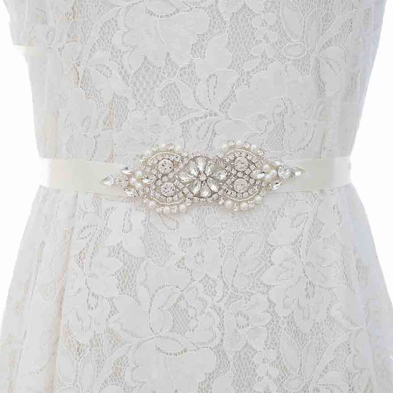 MOLANS Boutique Rhinestone Pearl Beading Waistbands for Bridal Wedding Dress Crystal Belt Bow With Satin Ribbons Sash Girdle