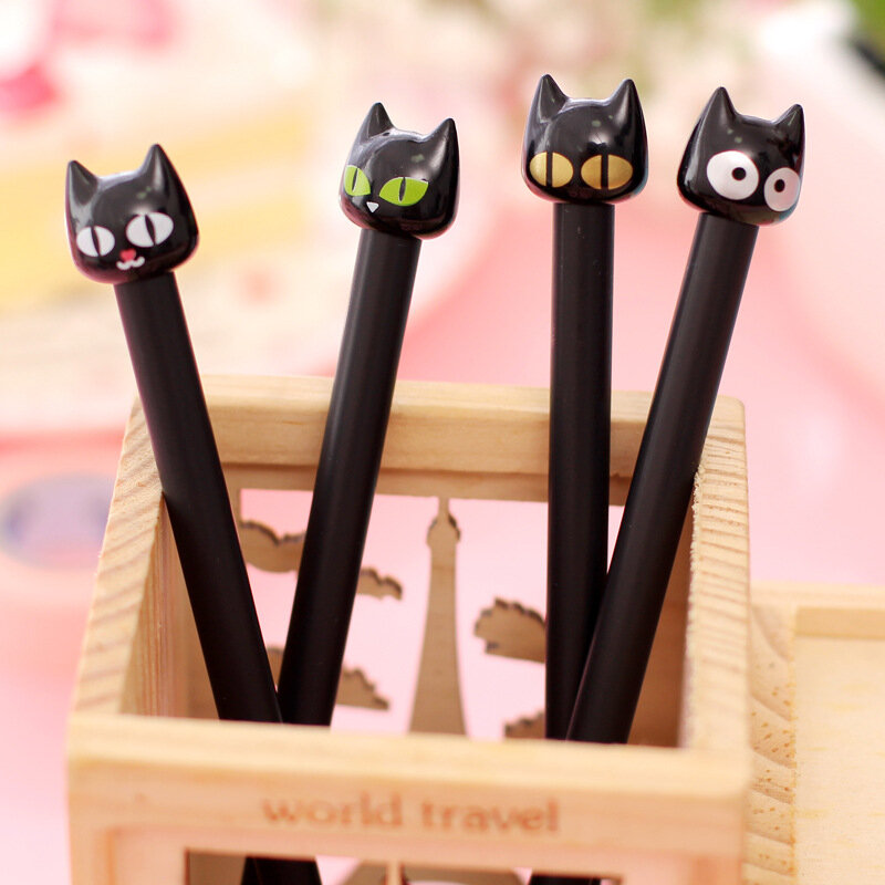 Bolígrafos de tinta de Gel con cabeza de gato para estudiantes, bolígrafos de escritura creativos con cabeza de gato negra, regalo promocional, papelería para escuela y oficina, 4 unids/lote