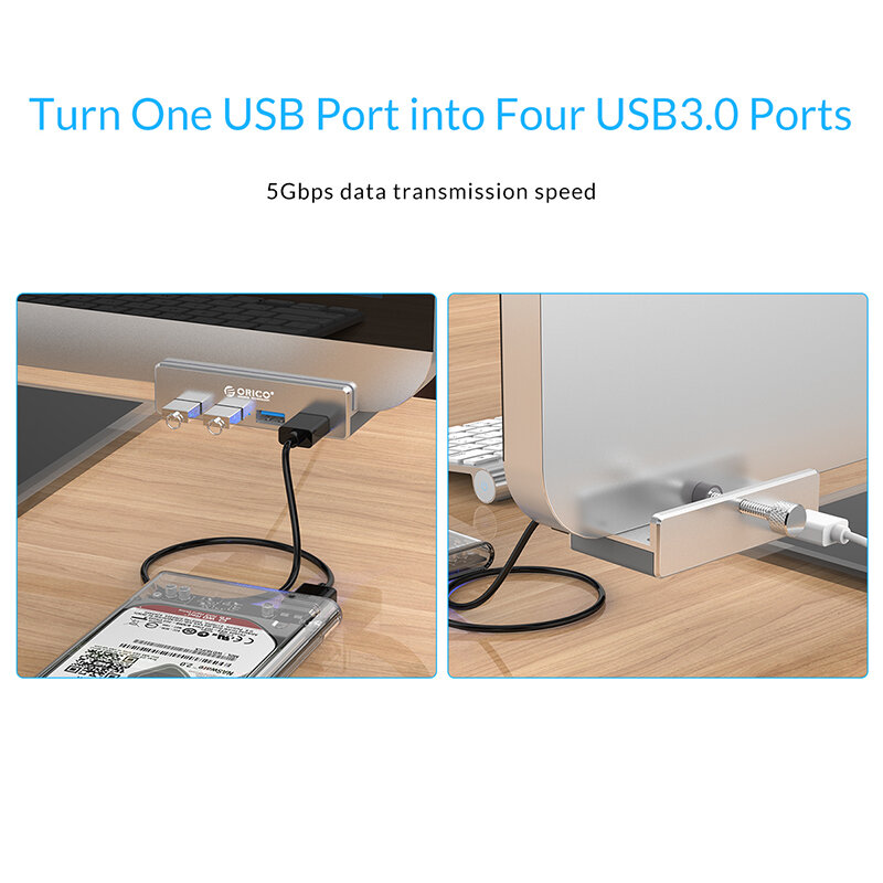 ORICO Aluminium 4 Ports USB 3.0 HUB Haute Vitesse USB Splitter Adaptateur Clip-type HUB pour Ordinateur Portable De Bureau Clip gamme 10-32mm MH4PU