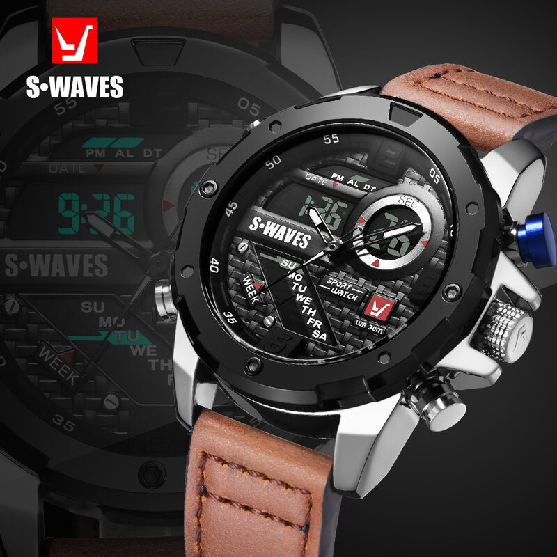 Swaves relógio digital de pulso com display duplo, relógio digital lcd resistente à água pulseira de couro quartzo masculino