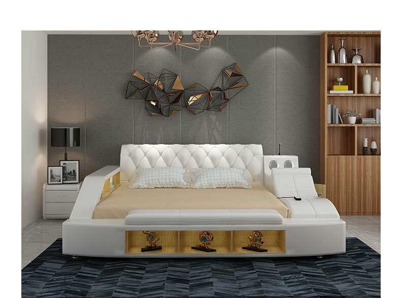Cama de cuero auténtico para dormitorio, mueble suave, altavoz de masaje, almacenamiento, bluetooth