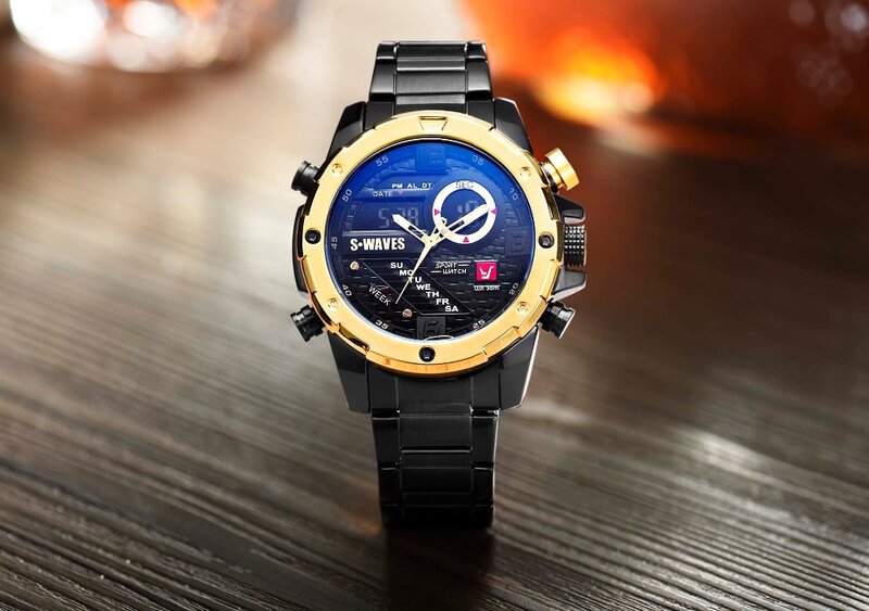 Часы SWAVES с двойным дисплеем, мужские Кварцевые спортивные водонепроницаемые цифровые часы из нержавеющей стали