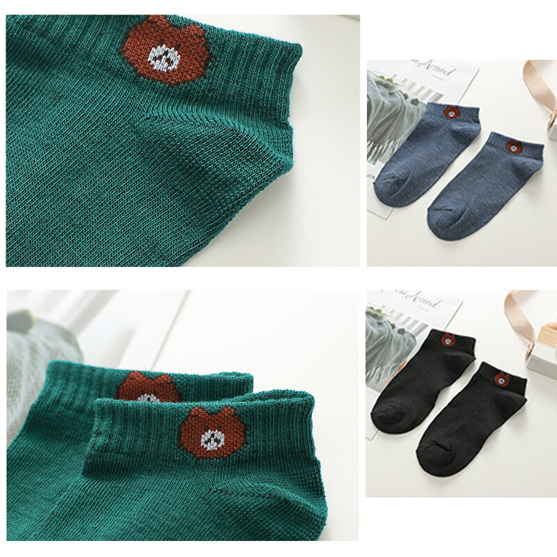 Women's Solid Color Boat Socks Bear Short Paragraph Sports Sweat-Absorbent Cotton Socks Low To Help College Wind Cute
