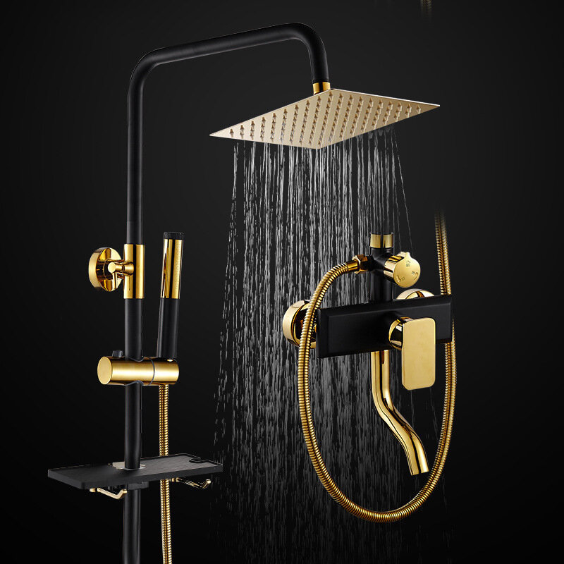 Chuveiro cascata de chuva luxuoso, preto, dourado, conjunto com painel de chuveiro, prateleira, banheiro, torneira, banheira