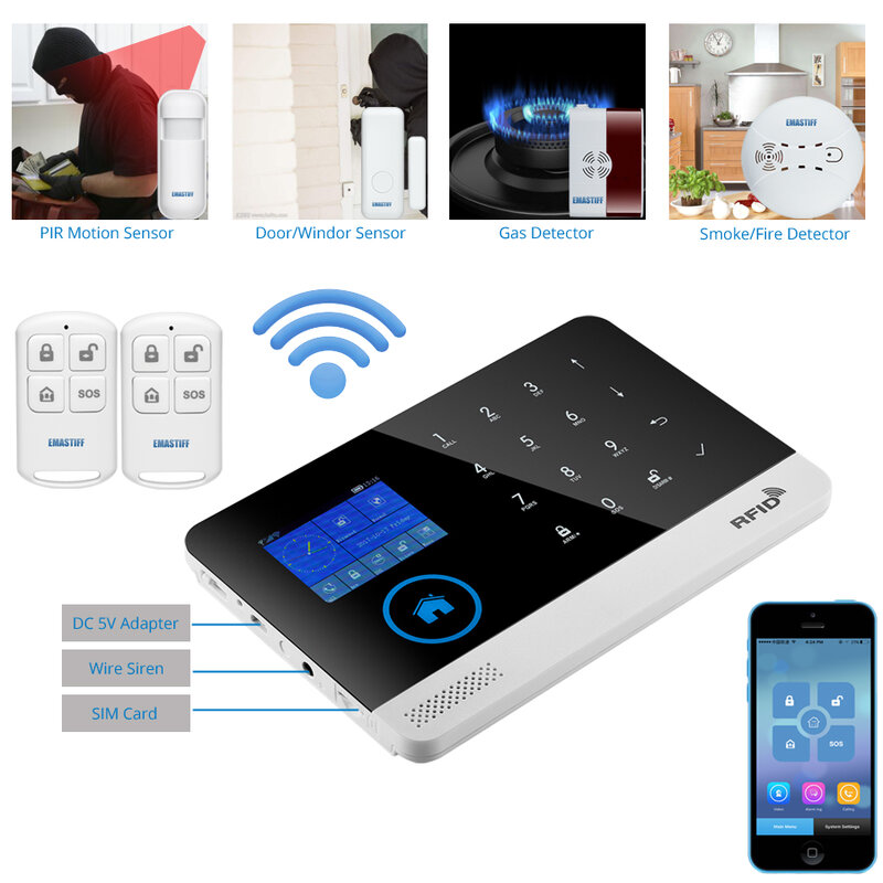 Système d'alarme de sécurité domestique sans fil tuya, wi-fi, gsm, quad-bande, écran TFT, capteur de porte, sirène filaire, SIM, SMS