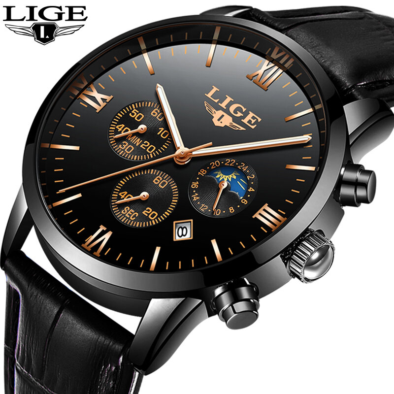Lige-男性用クォーツ時計,スポーツ,ファッション,高級ブランド,革,耐水性,ビジネス,新しいコレクション2022