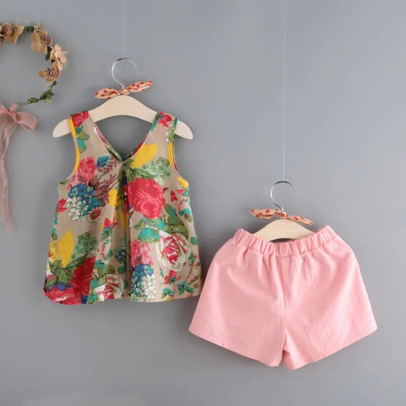 Conjunto de roupas florais estampadas para meninas, roupas tops e shorts macios sem mangas para bebês e meninas verão