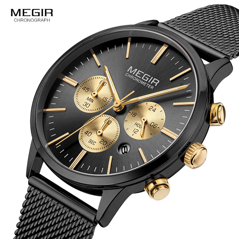 MEGIR Women Stainless Steel Mesh Bracelete Quartz Watches Chronograph 24 Hours Date Display Analogue Wristwatch for Lady 2011L