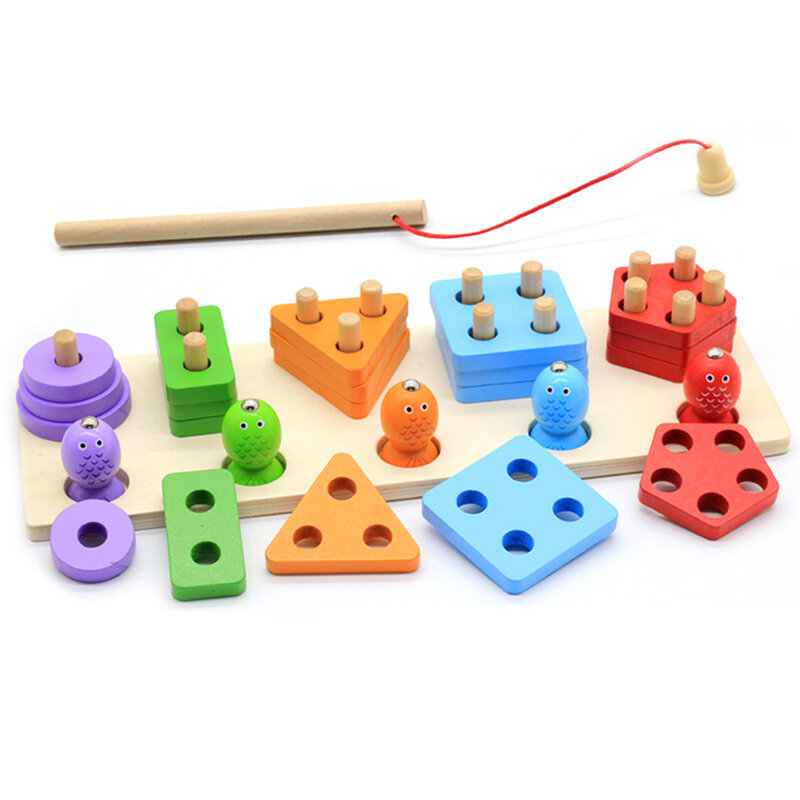 Wooden Toys For Children Geometric Shapes Magnetic Fishing Montessori Puzzle Kids Early Learning Educational Games Fishing Toys