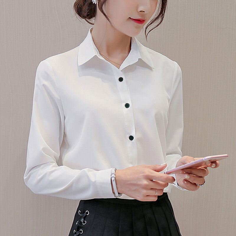 2020 herbst Neue Feste Frauen Chiffon Bluse Büro Dame drehen-unten Kragen Button Elegante Lässige Solide Weibliche Shirts Outwear tops