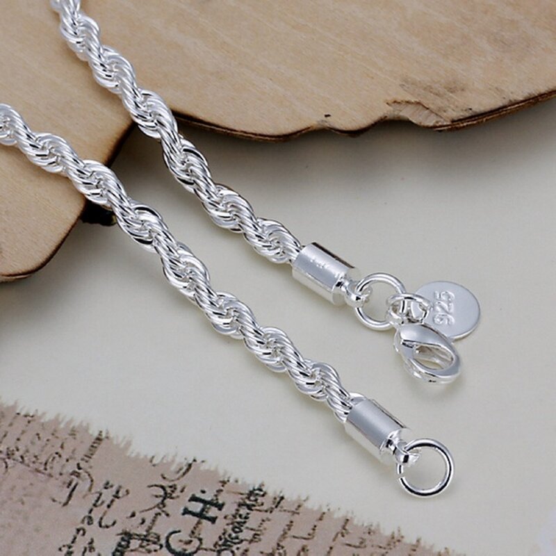 Corrente de corda de 4mm de alta qualidade cor prata joia fashion pulseira de torcida para mulheres homens moças presentes de casamento fofos com, h207
