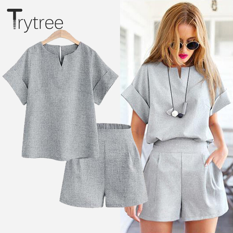 Trytree-Conjunto de dos piezas para mujer, tops informales de poliéster + pantalón corto liso, traje de oficina de talla grande, conjuntos de manga corta