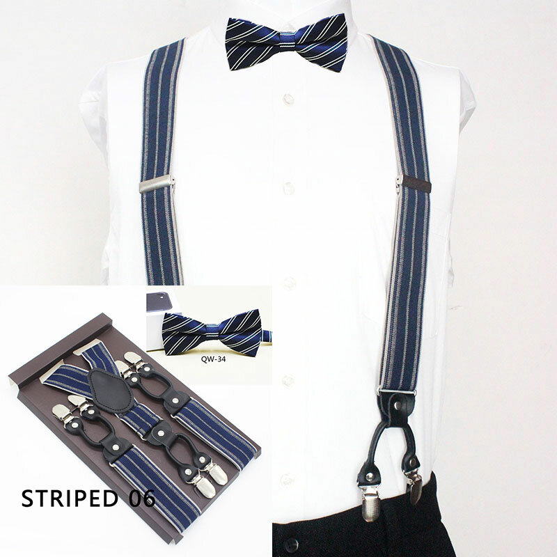 Conjunto de suspensórios masculinos, gravata borboleta vintage casual de 6 clips com alça para calças, presente para pai/esposo
