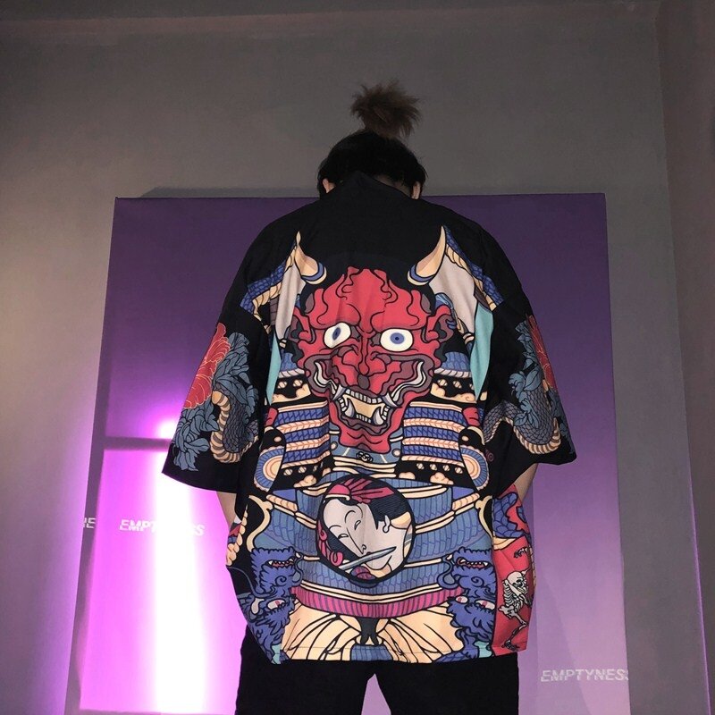 Kimono ญี่ปุ่น Kimono Yukata ชายกิโมโนแจ็คเก็ตผู้ชายญี่ปุ่น Harajuku Streetwear Samurai เสื้อผ้า Yukata Haori Obi