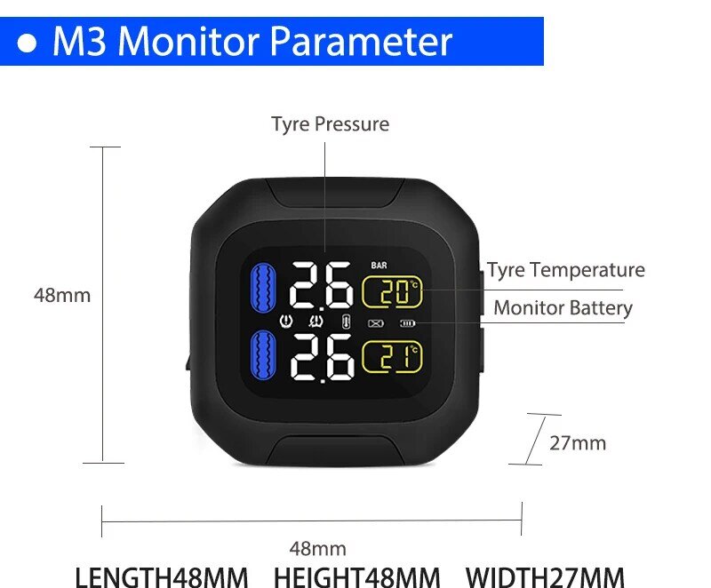 M3 Waterproof Motorcycle Real Time Tire Pressure Monitoring System TPMS Wireless LCD Display External Sensors