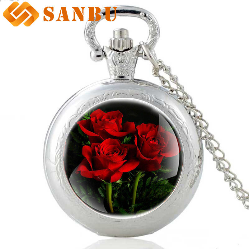 Relógio de bolso vintage de rosas, relógio de quartzo de bronze para homens e mulheres, colar retrô com joias