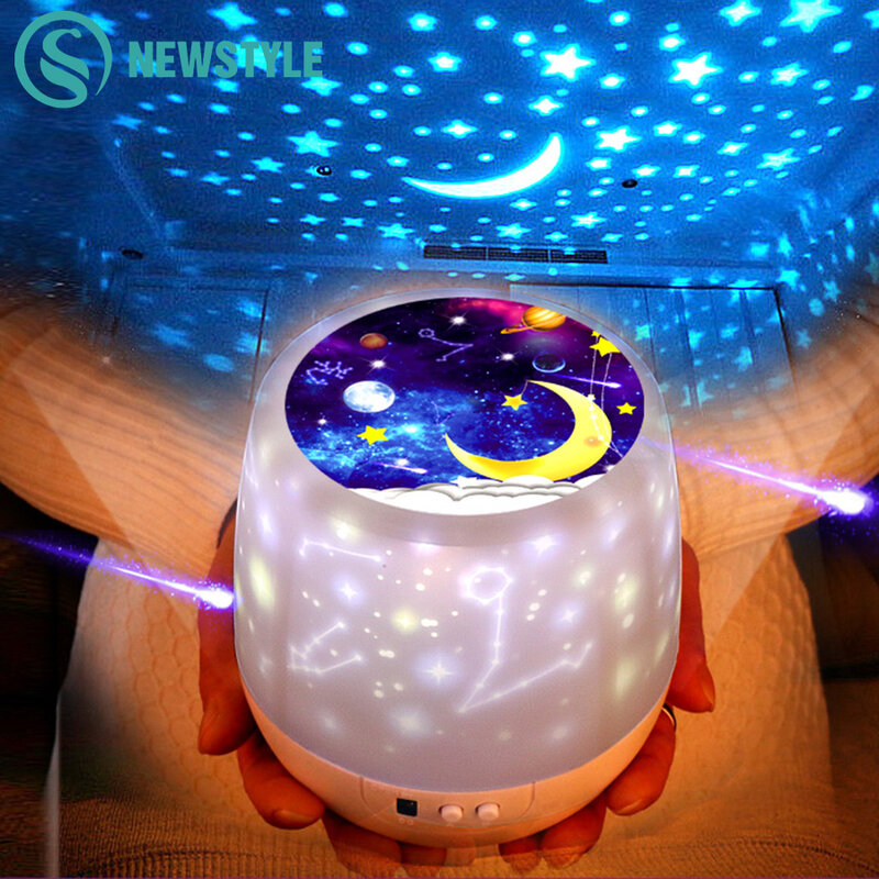 Proyector de cielo estrellado colorido, lámpara de noche con rotación de Luna estrellada, carga USB para regalo de cumpleaños, bebé romántico para niños