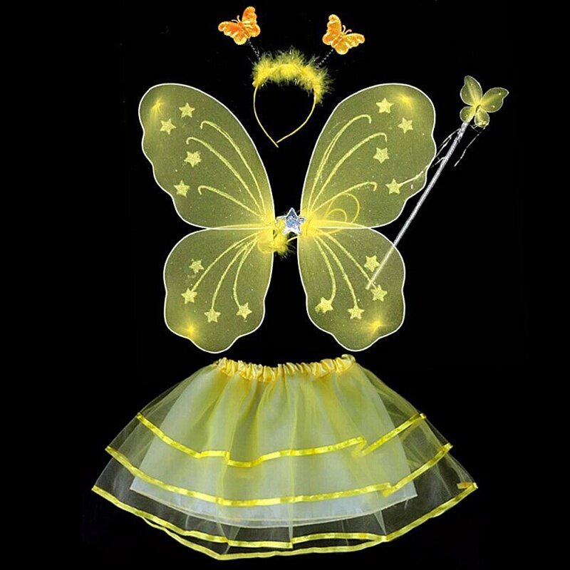 4Pcs  Fairy Princess Costume Sets Kids girls colorful stage wear Butterfly Wings Wand Headband Tutu Skirt