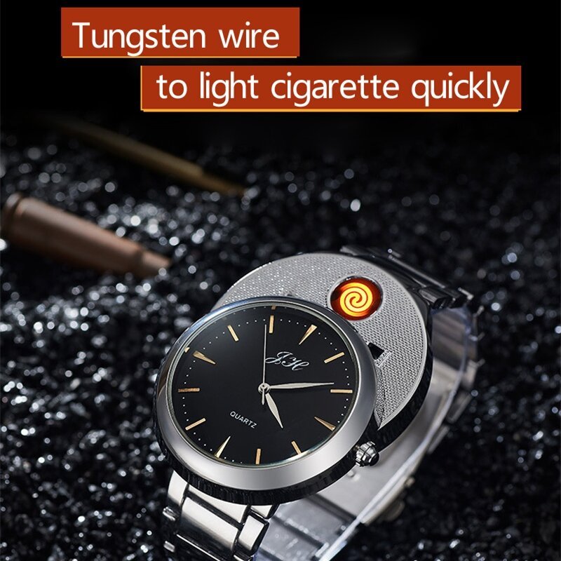 Mens Watch USB charge Lighter Watches Gold Quartz Wristwatches Stainless Steel Creative Flameless Cigarette Lighter Clock JH329