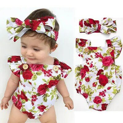 Conjunto de roupas florais para meninas, 2 peças, recém-nascidos verão, macacão + cabeça, meninas, flores, roupas de macacão