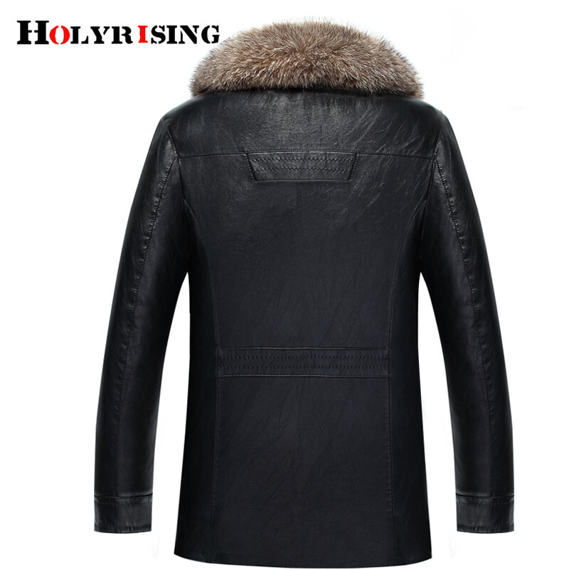 M-5XL Holyrising Real Raccoon Fur Collar Men Faux Leather Jackets Winter Thicken Coat jaqueta de couro chaqueta Men PU Leather