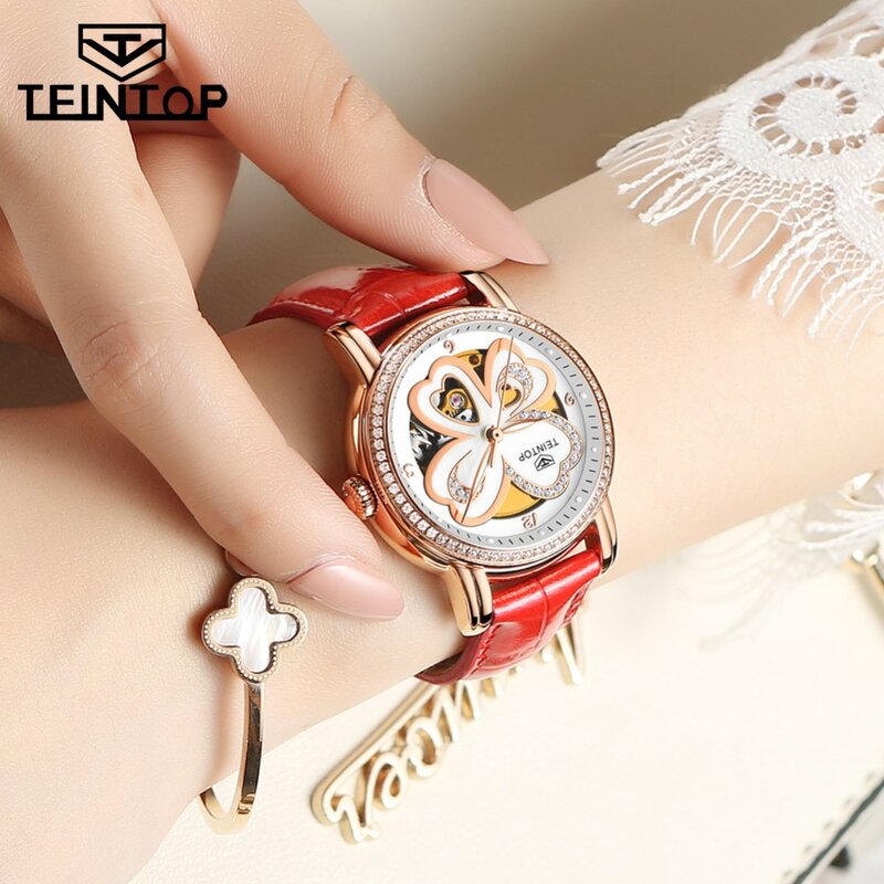 TEINTOP แบรนด์นาฬิกาหรูหนังสีแดงแฟชั่นสไตล์สุภาพสตรีนาฬิกาแฟนนาฬิกา Luminous Relogio Feminino