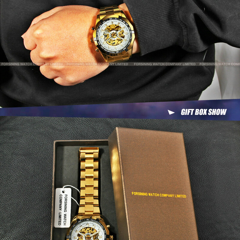 勝者腕時計自動男性のクラシック透明スケルトン機械式時計軍事forsining時計レロジオmasculinoボックス
