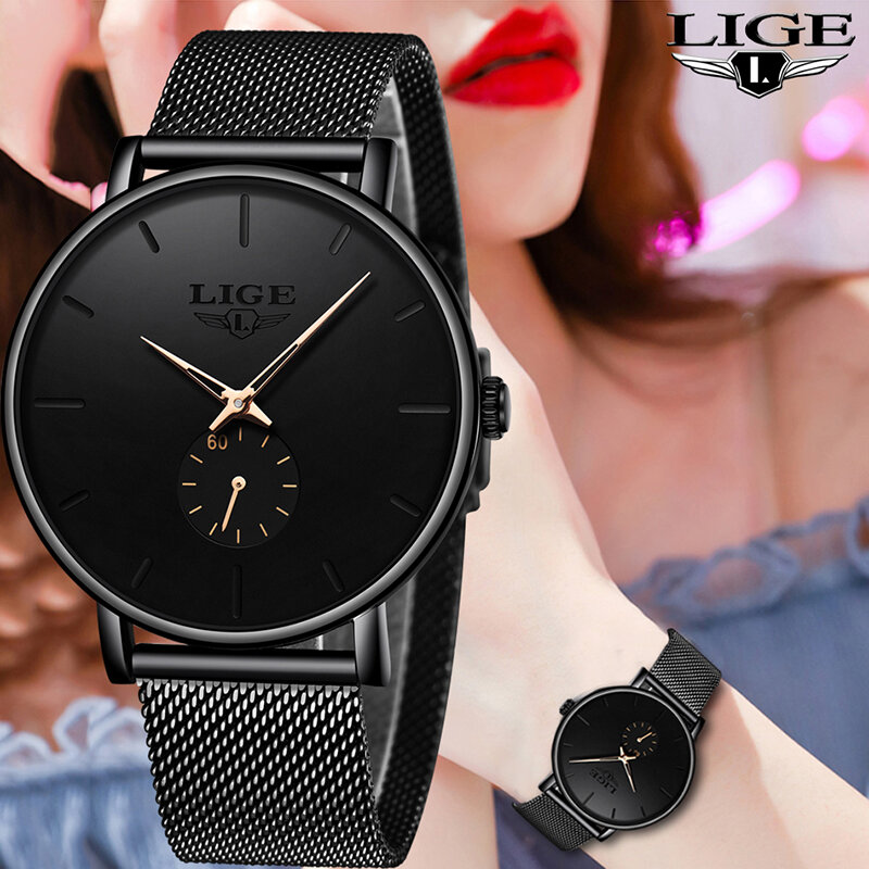 LIGE المرأة الساعات العلامة التجارية الفاخرة ساعة عصرية غير رسمية المرأة كوارتز ساعة مضادة للماء شبكة حزام السيدات ساعة اليد السيدات