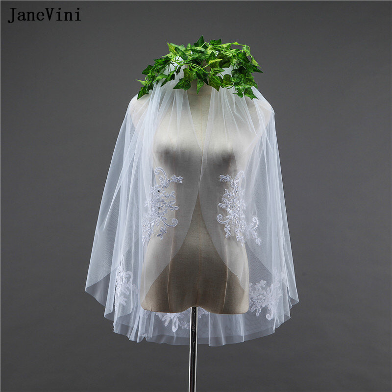 JaneVini رومانسية تول اثنين من طبقة الزفاف الحجاب الكوع طول الحجاب يزين مطرز قصيرة طرحة زفاف مع مشط Schleier 2 Schicht