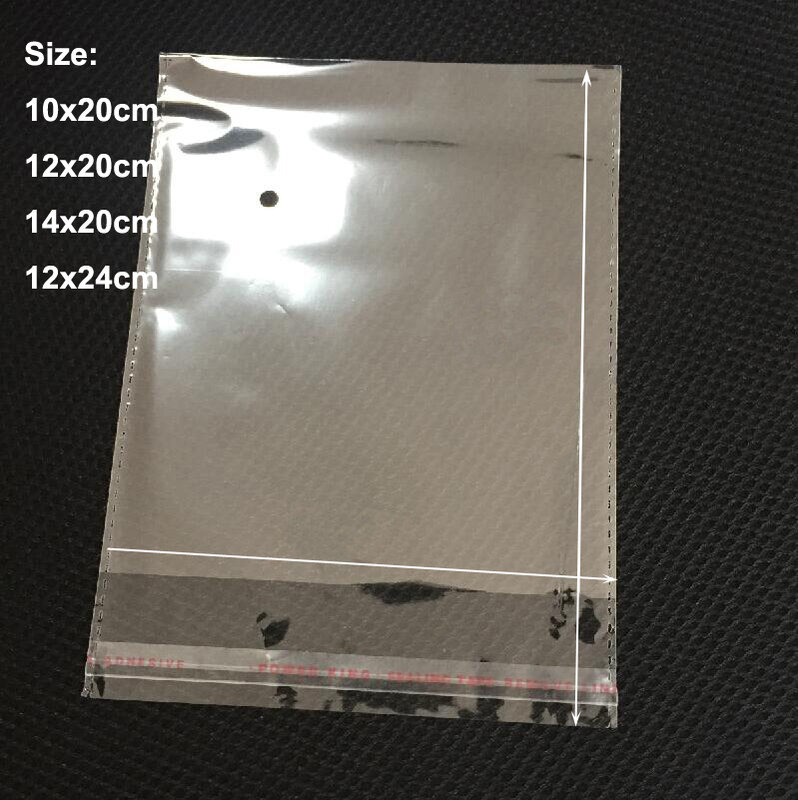 Bolsas de OPP transparentes autoadhesivas con agujeros, bolsa de embalaje con sello trasero, 400 unids/lote, 10x20, 12x20, 14x20, 12x24cm