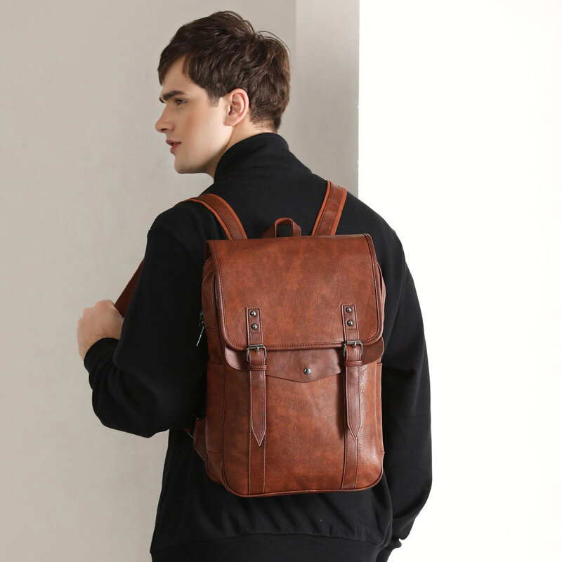 Vintage Laptop Backpack Men High Quality Bagpack Waterproof PU Leather Backpack Man Fashion Men Bag Casual Travel Bags For Men