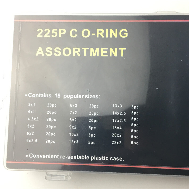 225 pz/lotto Nero di Gomma O Ring Assortimento Rondella di Guarnizione di Tenuta O-Ring Kit 18 Formati con la Scatola di Plastica