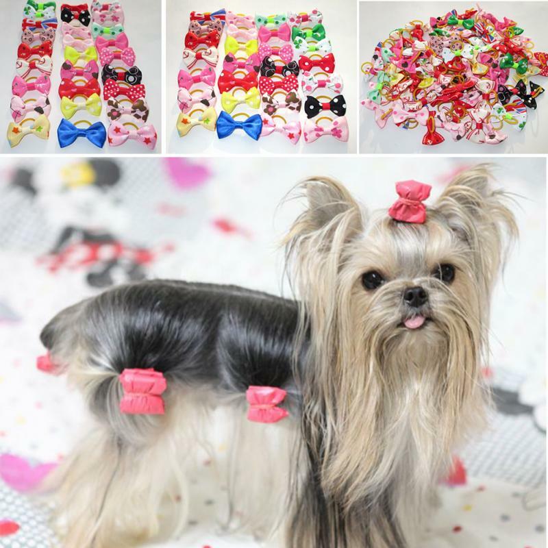 10 Uds Bowknot lindo perro de goma banda hechos a mano accesorios para el cuidado de mascotas mezclado el arco del pelo de la cinta de Color al azar
